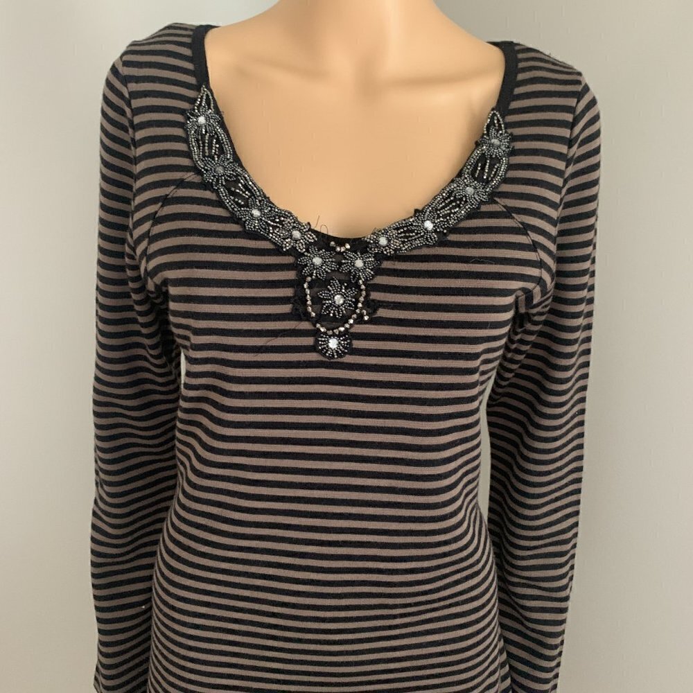 Karen Kane Black/Tan Stripe Knee Dress Long Sleeve 100% Acrylic  Size Large